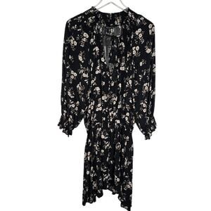 NEW! Ever After Floral Tie Tassel Front Mini Dress M Black 3/4 Sleeve